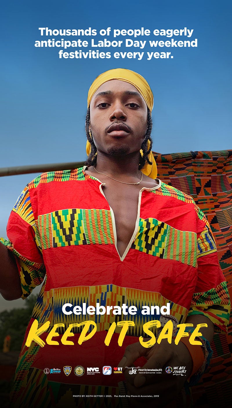 Poster featuring a sketch of the J'Ouvert parade route and two groups of women participants, all dressed festively in bright colors and headdresses. It details a 6 am start time and advises that the parade route will include officers and lighting. The NYPD will screen for alcohol and weapons upon entering.