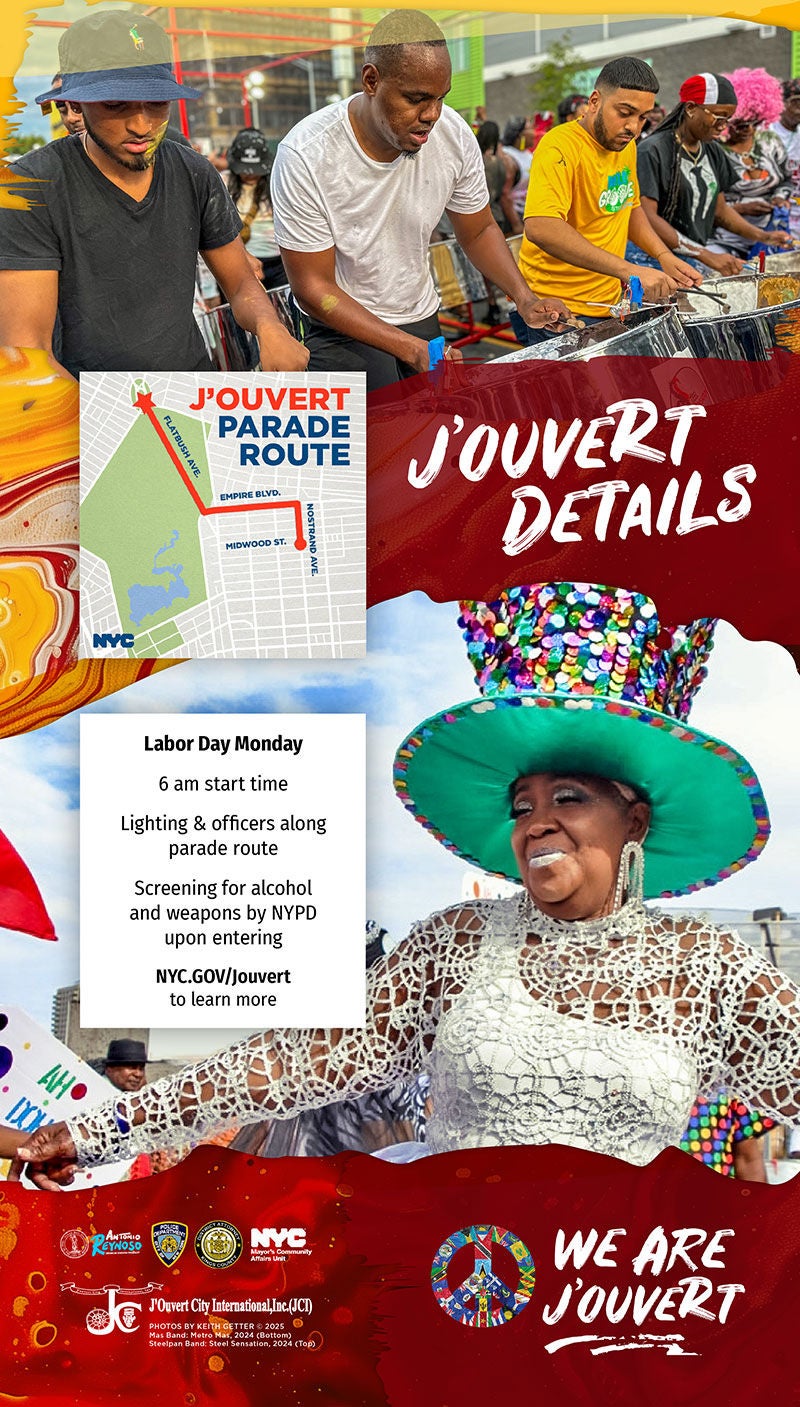 Poster for J'Ouvert, showing multiple participants in colorful clothes and another with her face painted. Text reads: J'Overt, a public street festival, is a Caribbean tradition that occurs in the early morning hours leading up to the West Indian Day Carnival.