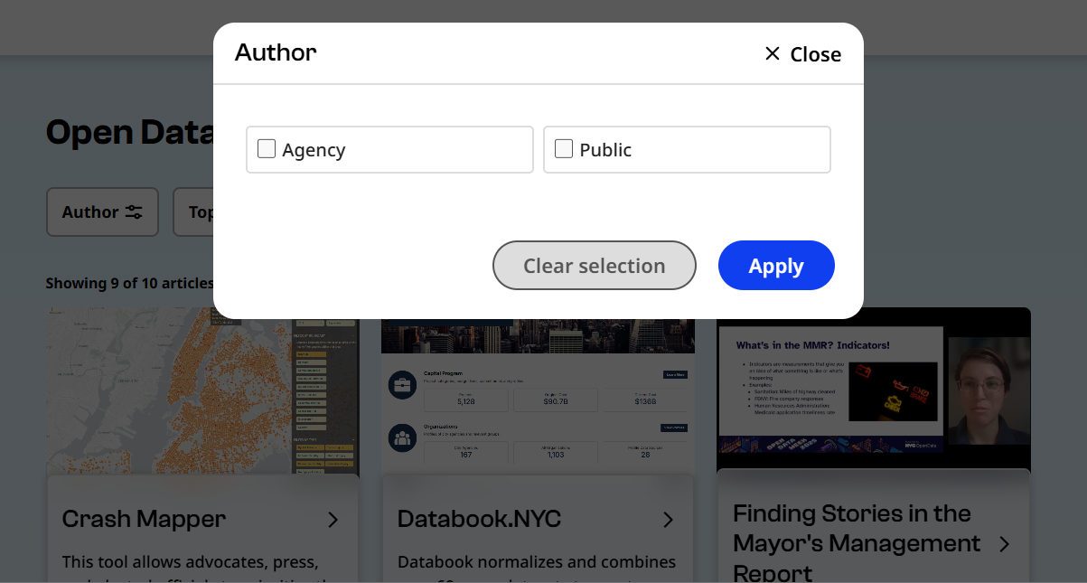 Pop-up window showing the gallery filter for author: Agency and Public
