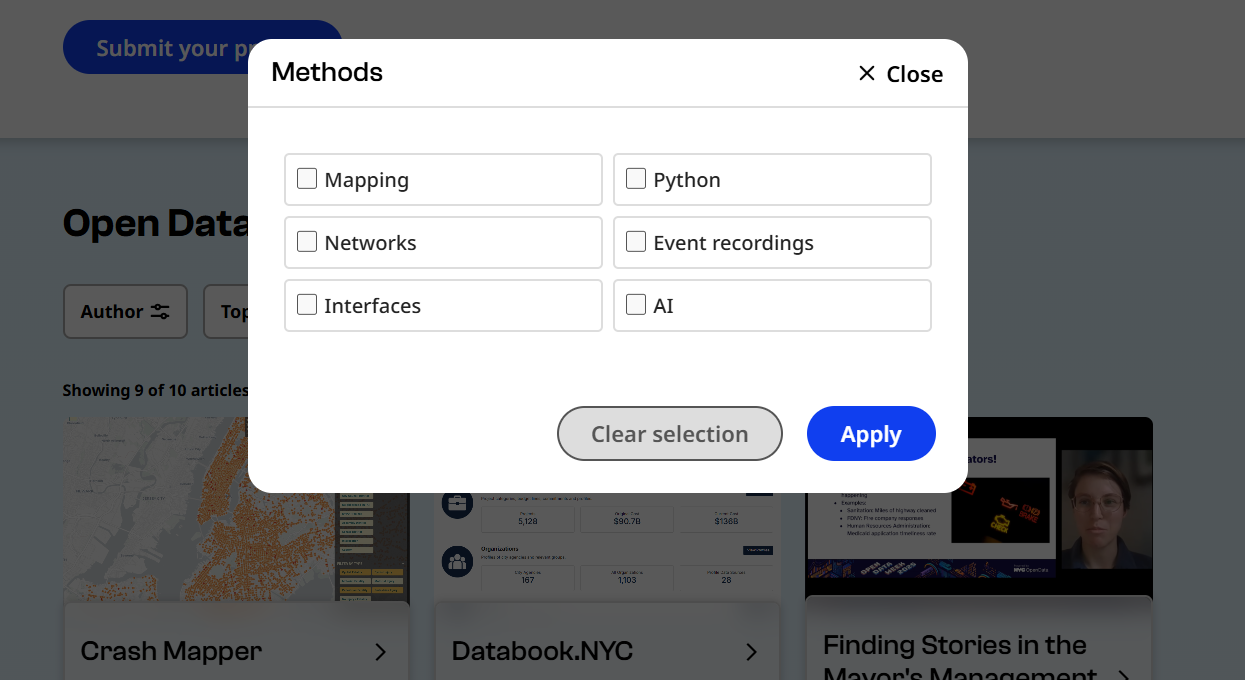 Pop-up window showing the gallery filters for method: Mapping, Networks, Interfaces, Python, Event recording, and AI