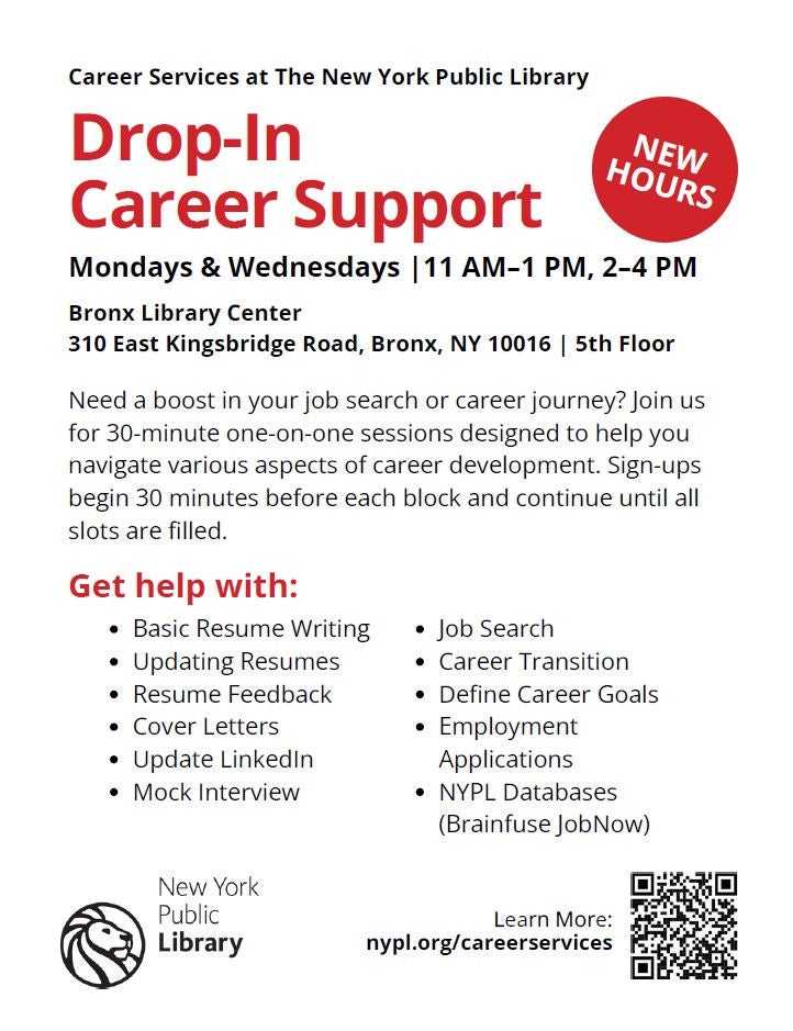 Drop-In Career Support flyer for the New York Public Library 