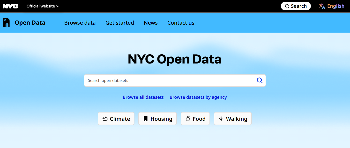 NYC Open Data home page, with a search bar, links to all datasets and datasets by agency, and 4 buttons to search featured tags: climate, housing, food and walking