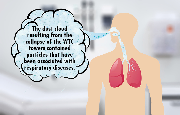 Outline of a person's body, harmful particles entering the lungs.
                                           