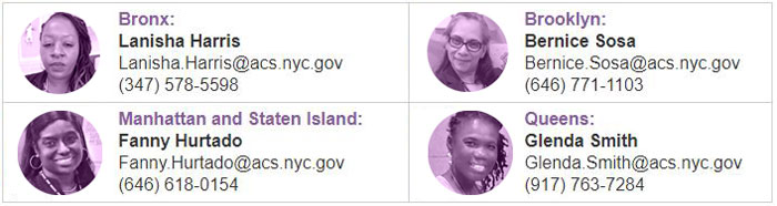 Images of Community Coordinators Lanisha Harris (Bronx), Bernice Sosa (Brooklyn), Fanny Hurtado (Manhattan and Staten Island), Glenda Smith (Queens), and their contact information