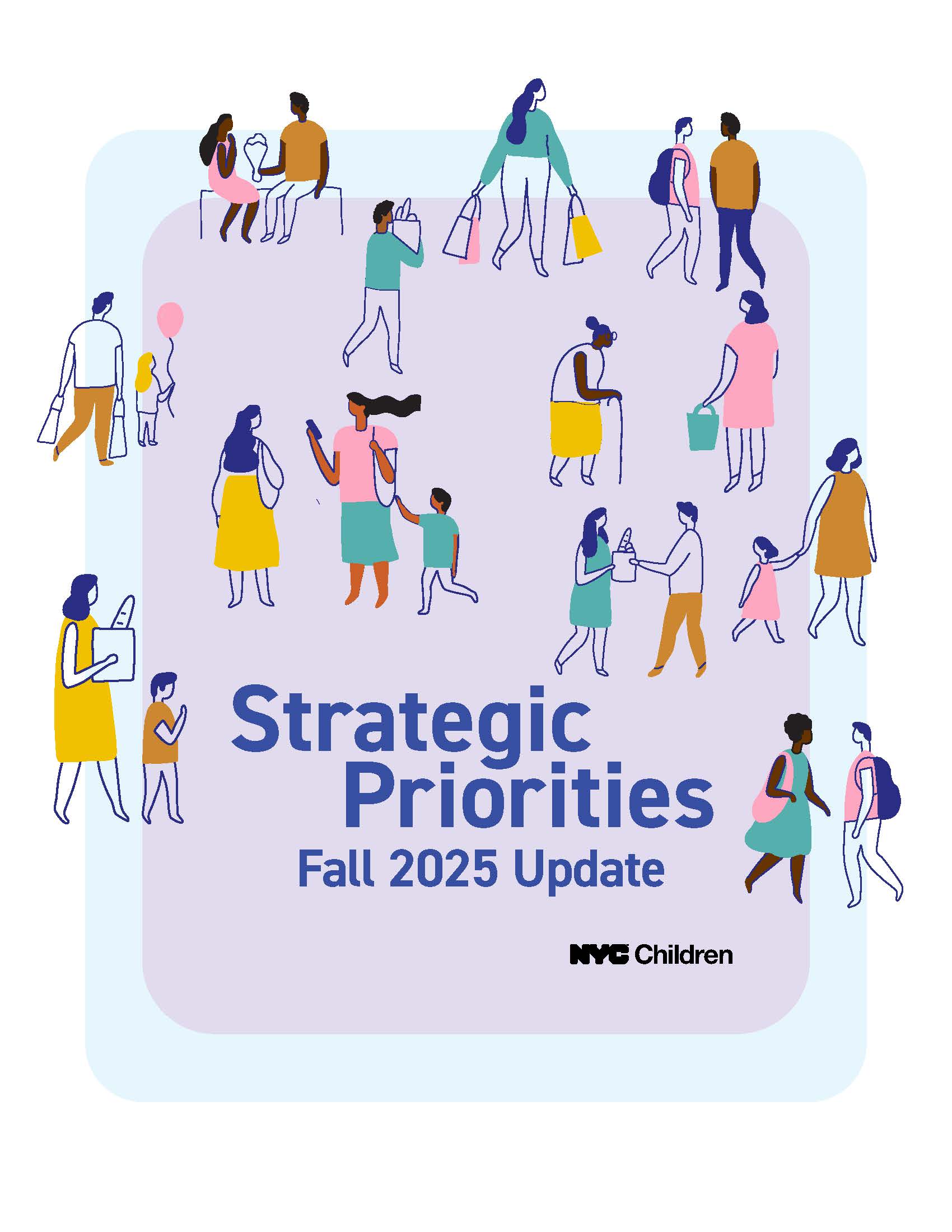 Cover image of the Strategic Priorities PDF featuring an illustration of adults and children walking, bicycling, and enjoying the outdoors.