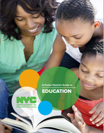 Cover image of the Foster Parent's Guide to Education report featuring a mother and her two young children reading a book together.