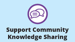 Blue background with an animation of message bubbles. Text reads: Support Community Knowledge Sharing
