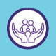 Support - purple logo illustration of two hands holding a family of three