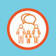 Communication - Darker orange logo - illustration of three people with speech bubbles over them