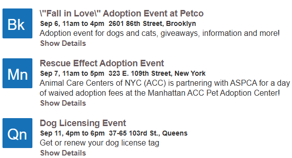 Screenshot of event listings from the Mayor’s Office of Animal Welfare Events Calendar