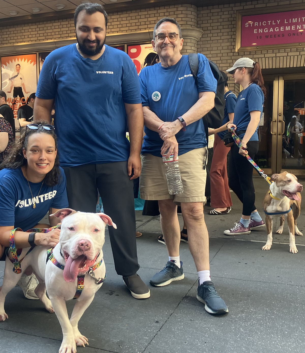 Volunteers pose with a dog in New York City, with another volunteer and dog in the background