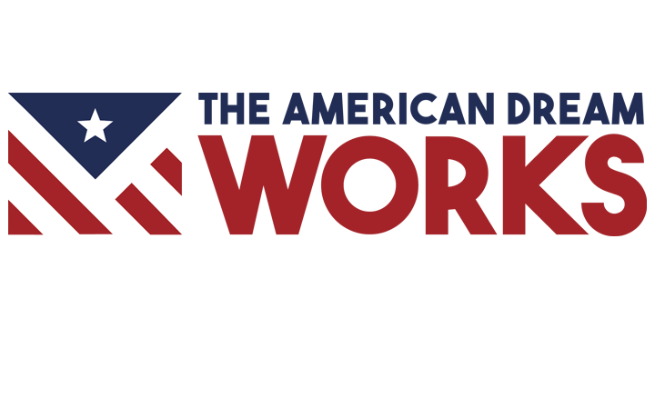 a symbol of star, red stripes, and a blue triangle, text reads The American Drea
                                           