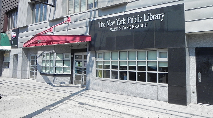 An outdoor shot of the New York Public Library Morris Park Branch entrance
                                           