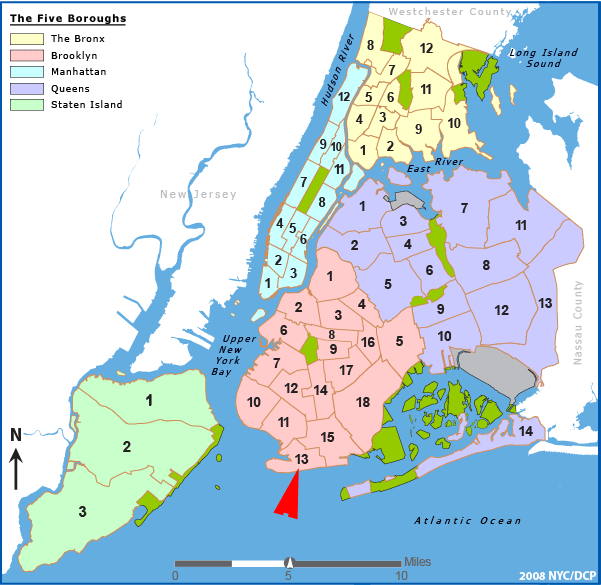 Map of the five boroughs separated by community boards