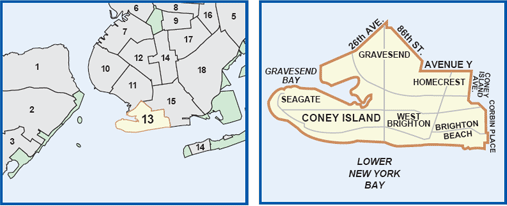 Brooklyn Community Board map focusing on CB 13 and the surrounding districts