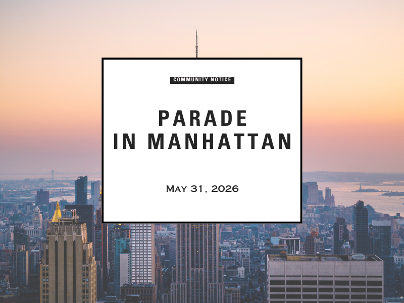 Manhattan skyline with a white box. The text read: Parade in Manhattan, May 31, 2026
                                           