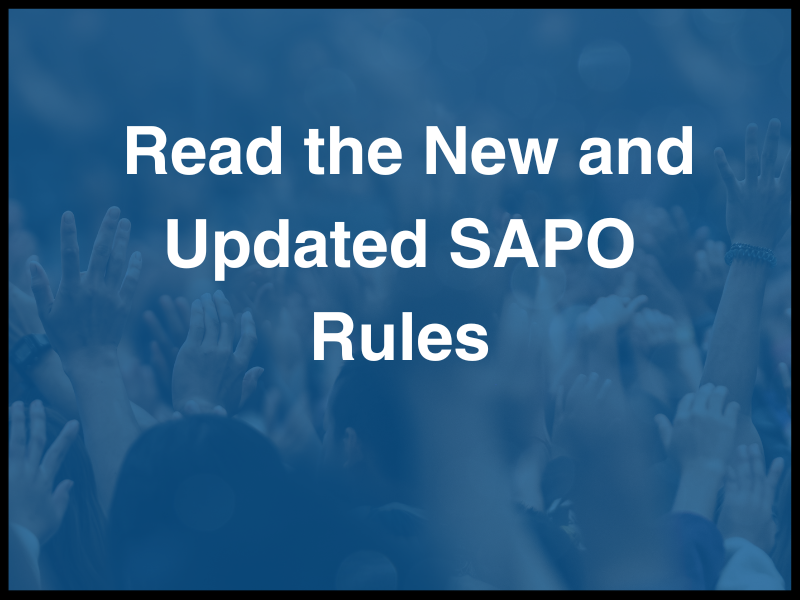 raised hands and blue overlay with text Read the New and Updated SAPO rules
                                           