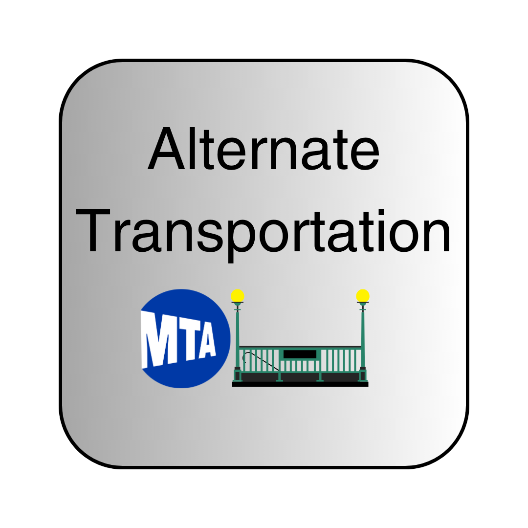 Grey button with M T A logo and a subway gate. Text reads Alternate Transportation
