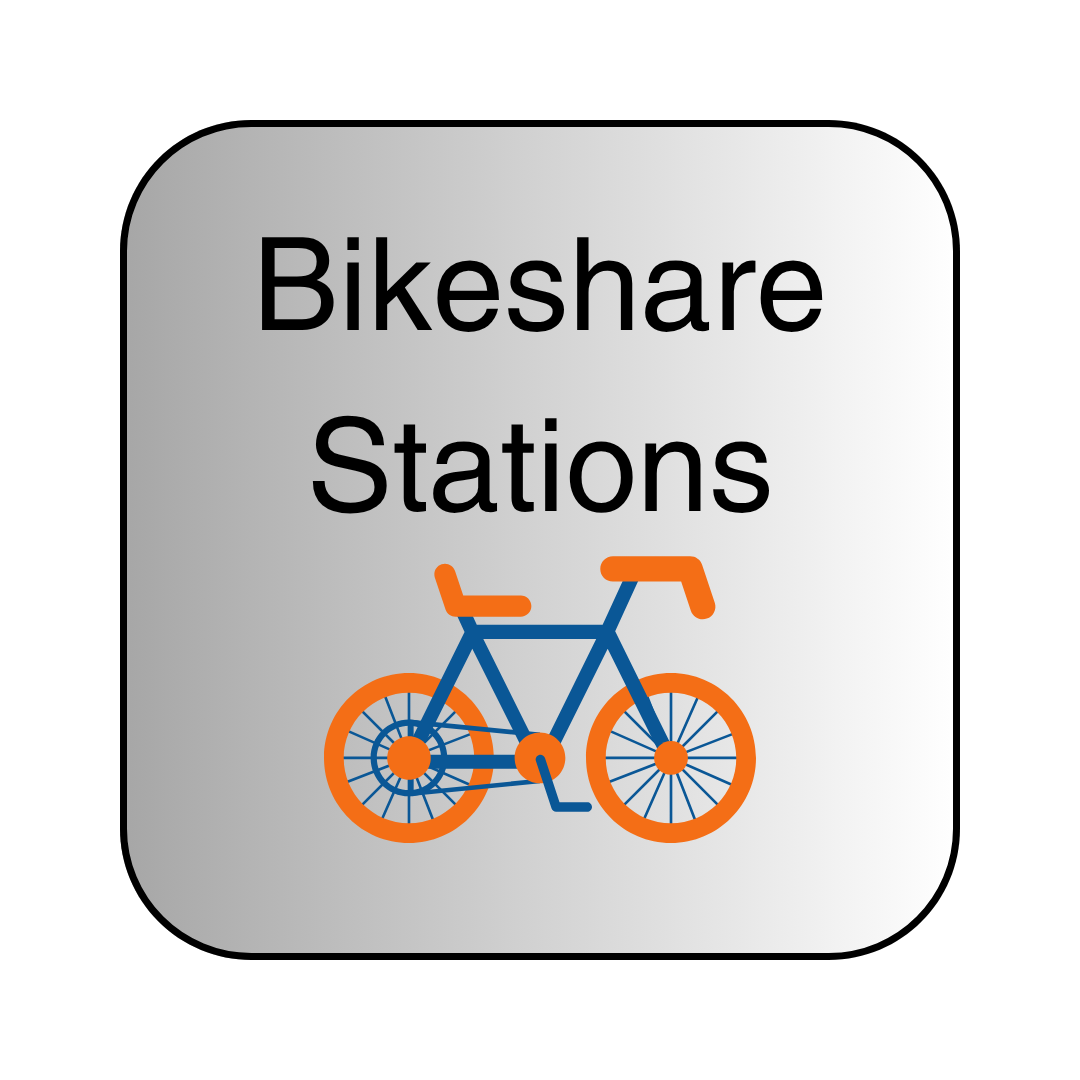grey button with a bike. Text reads weather Bikeshare stations