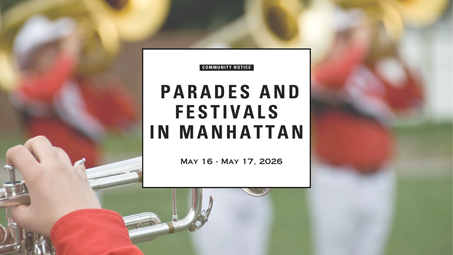 Image of instruments with the text Community Notice, Parades and Festivals in Manhattan, May 16-17, 2026 