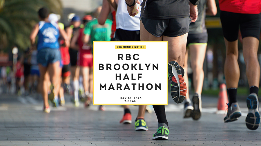 Image with a runners and a white pop out box with the text Community Notice R B C Brookyln Half Marathon May 16, 2026