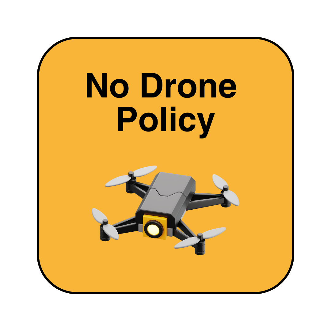 image of button with yellow background and a drone that says No Drones