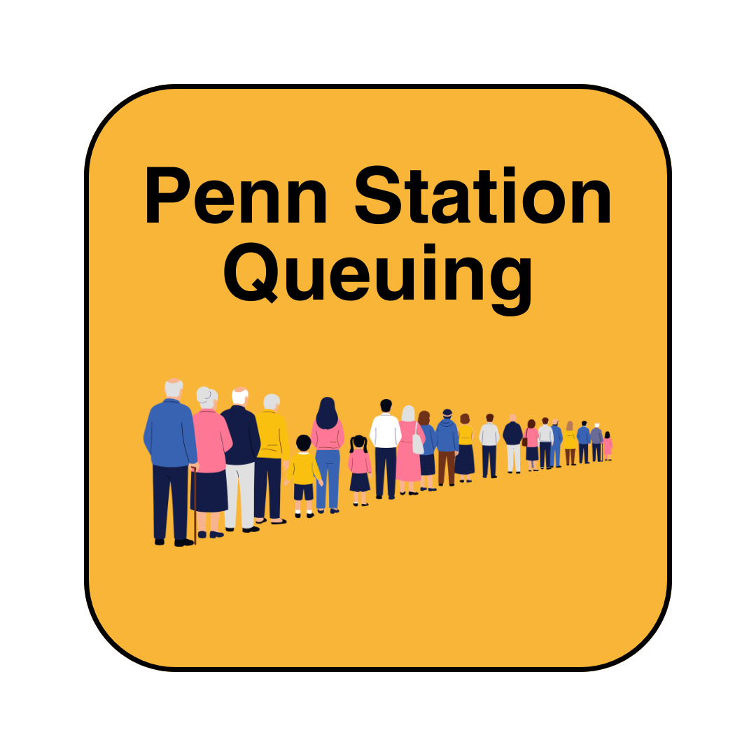 image of button with yellow background that says Penn Station Queuing and has a line of people