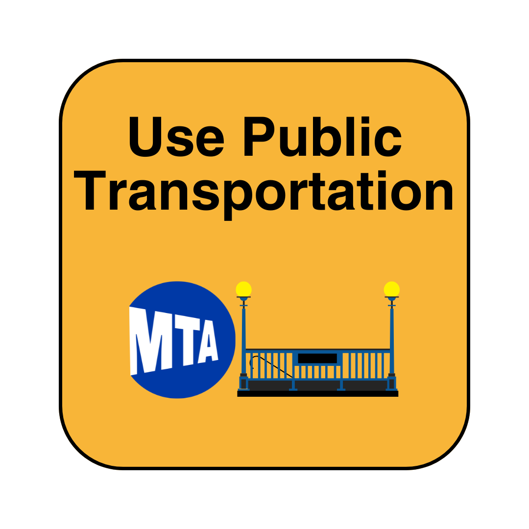 image of button with yellow background that says Use Public Transportation and the M T A logo and a subway gate