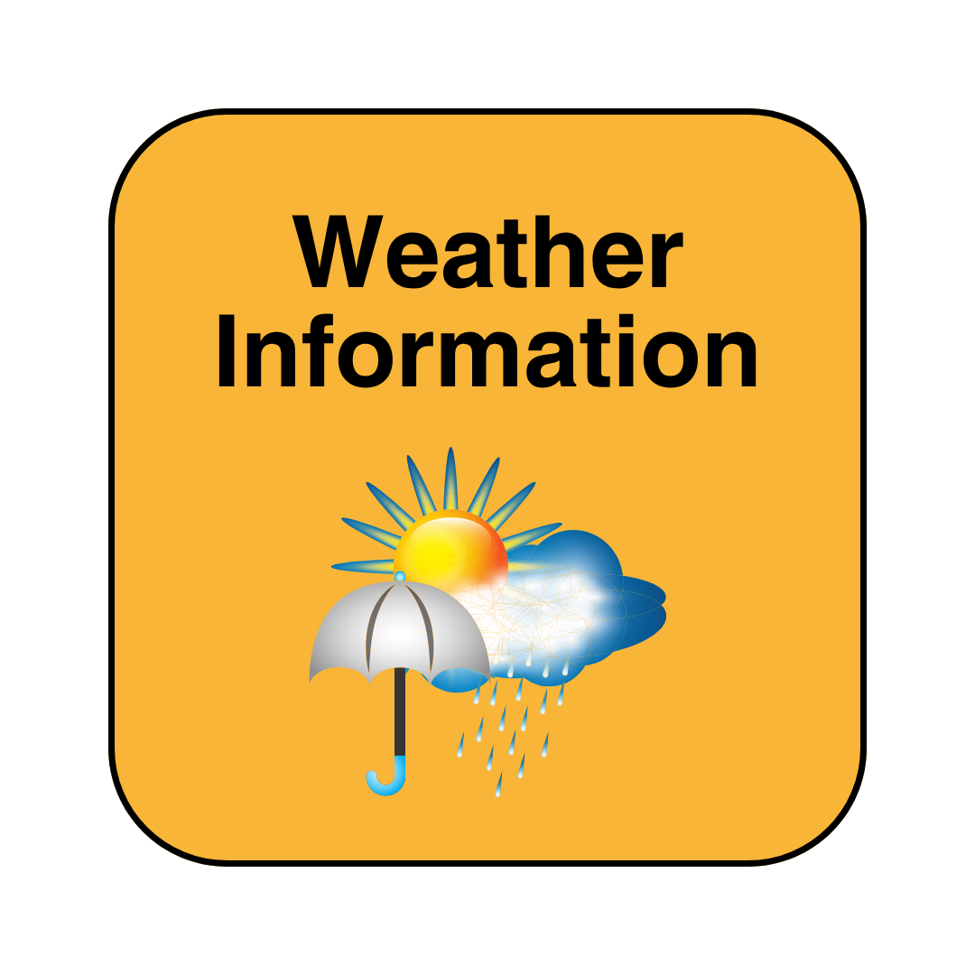 image of button with a yellow background that says Weather Information and has graphics of a sun and thermometer