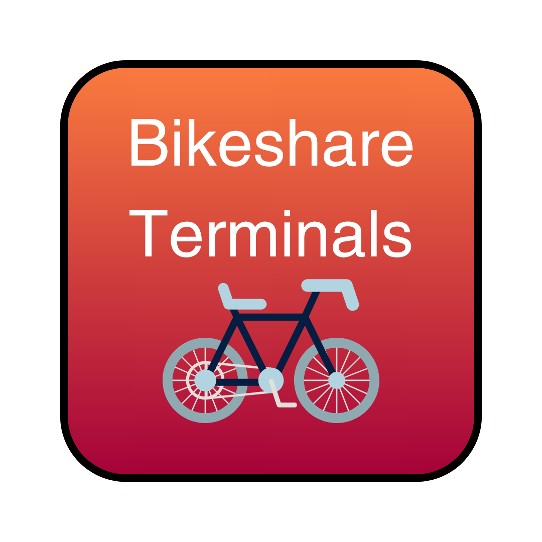 image of button with a two-toned orange background that says Bikeshare Stations and an image of a bike