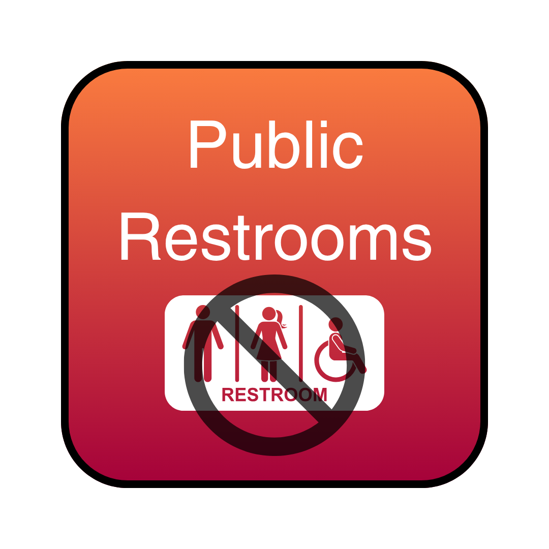 image of button with a two-toned orange background and a cross out of the bathroom sign