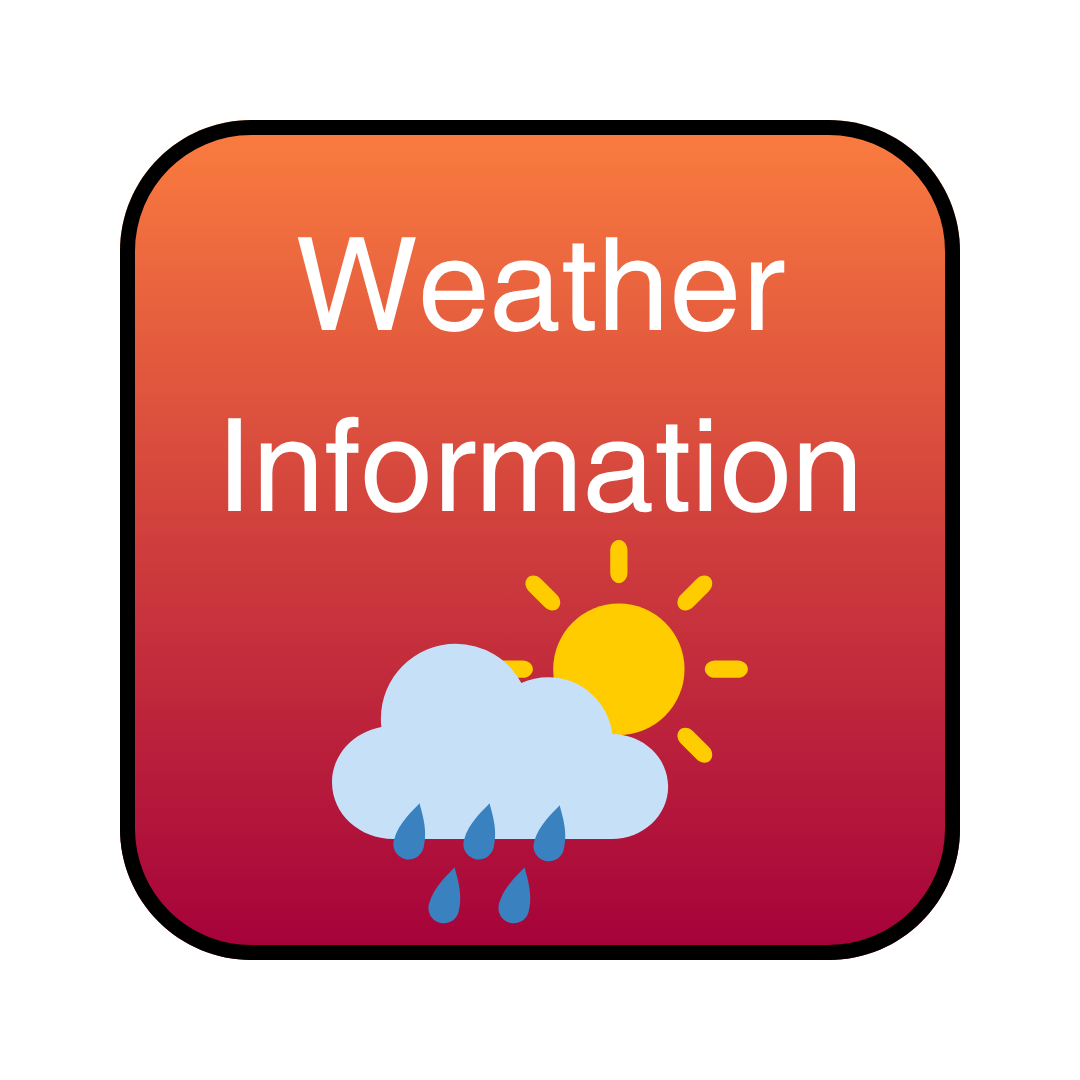 image of button with a two-toned orange background that says Weather Information and has graphics of a sun, clouds, and rain