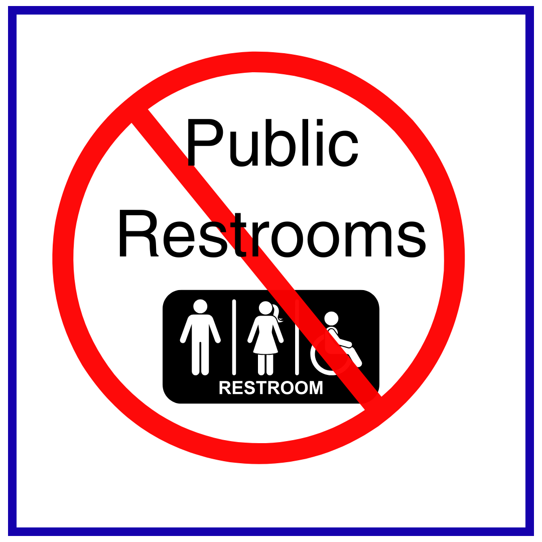 image of button with a white background that says Public Restrooms and an image of the restrooms symbol crossed out