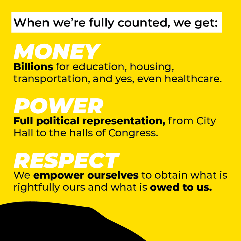 When we're fully counted, we get: Money. Biliions for education, housing, transportation, and yes, even healthcare. Power. Full political representation, from City Hall to the halls of Congress. Respect. We empower ourselves to obtain what is rightfully ours and what is owed to us.