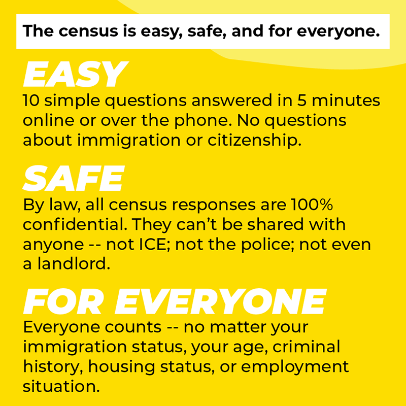 The census is easy, safe, and for everyone. Easy. 10 simple questions answered in 5 minutes online or over the phone. No questions about immigration or citizenship. Safe. By law, all census responses are 100% confidential. They can't be shared with anyone -- not ICE, not the police, not even a landlord. For everyone. Everyone counts -- no matter your immigration status, your age, criminal history, housing status, or employment situation.