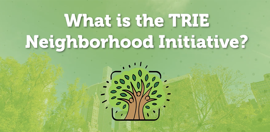 Green title card reading &ldquo;What is the TRIE Neighborhood Initiative?&rdquo; with an illustrated community tree icon centered below.