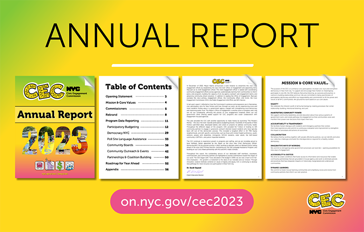 Graphic showing pages from the CEC's 2023 annual report
                                           