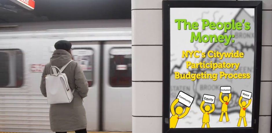 a person waiting for train, a post on the right reads, the people's money: nyc's  citywide participatory budget process