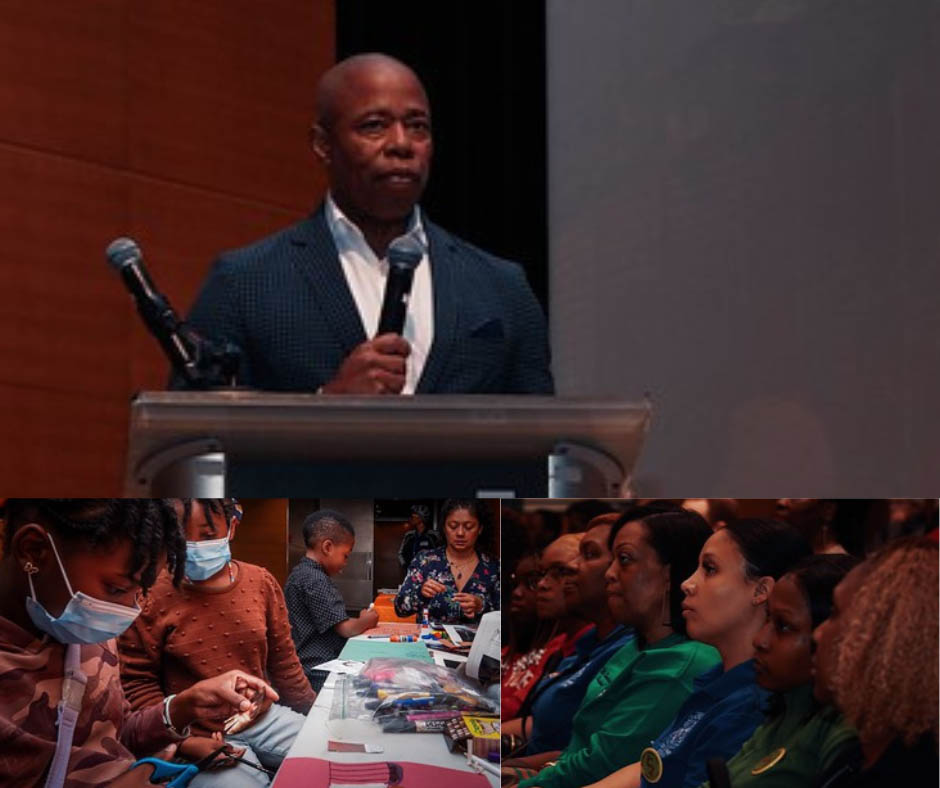 Photo collage of the Mayor giving remarks at the Brooklyn Borough Idea Generation Session..