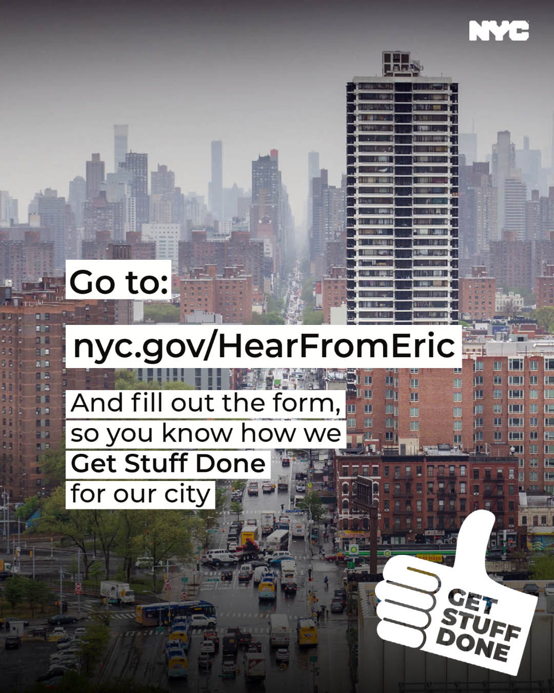 Photo of NYC with text leading to Mayor Adams' newsletter sign-up.