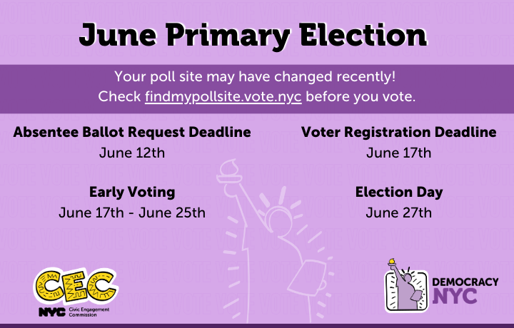Graphic showcasing key election dates. The absentee ballot request deadline is June 12th, the Voter registration deadline is June 17th, and the early voting period begins on June 17th and ends on June 25th. Election day is June 27th.