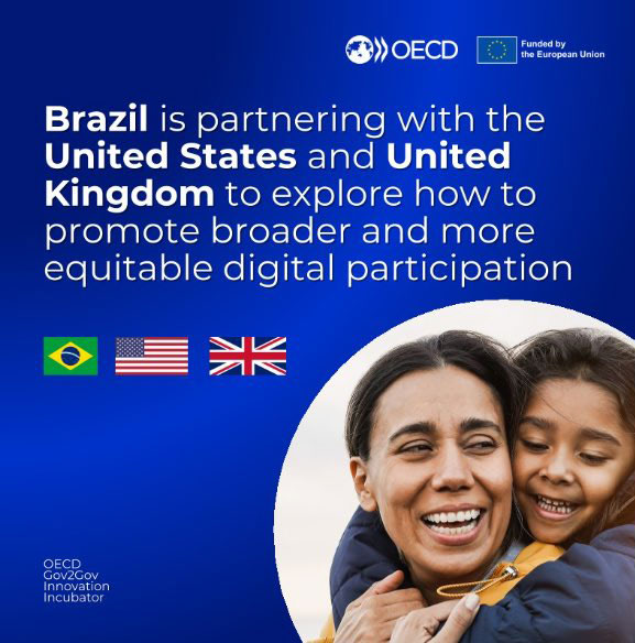 Promotional graphic with blue background with text announcing the partnership between Brazil, the US and UK governments on the #Gov2Gov challenge to promote digital equity