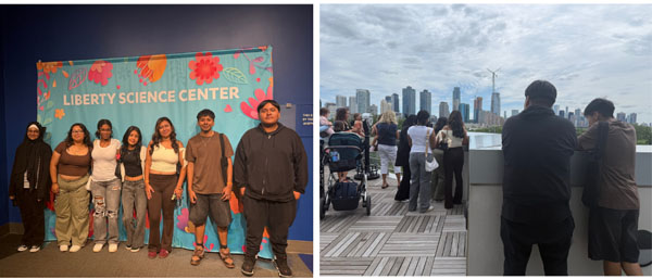 From left to right, these photos show a group of youths posing in front of a Liberty Science Center backdrop, then the youth on a rooftop looking at the New York City skyline.