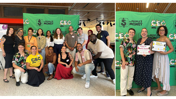 These two photos show event attendees and CEC staff posing in front of a green backdrop with the CEC and People's Money logo.
