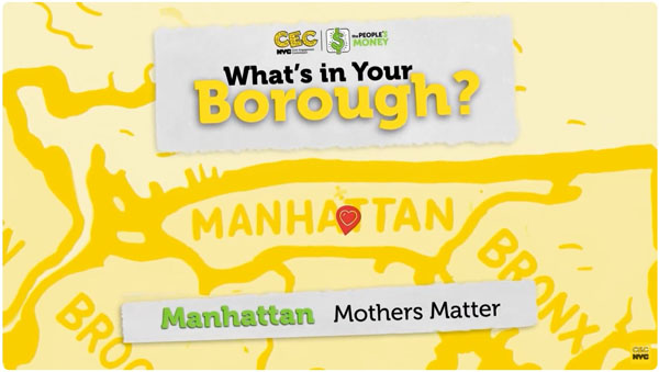 This is a screenshot of the opening screen of a video in the What's in Your Borough? series. It contains a graphic map of New York City with a red location pin on Manhattan.