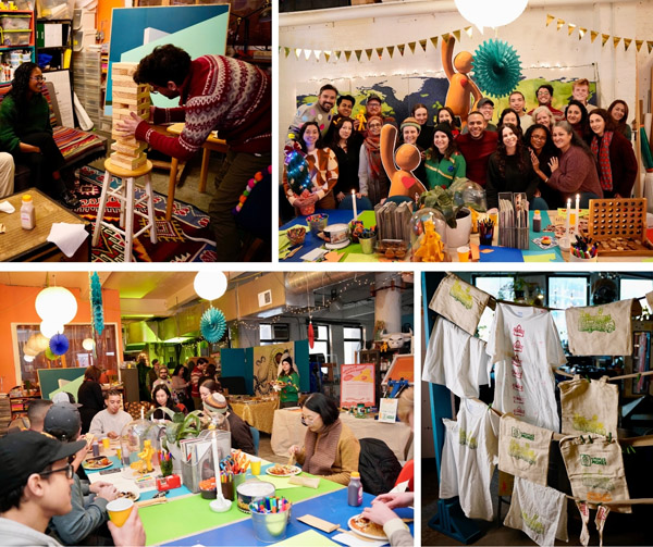 This is a collage of four images showing a person playing Jenga (top left), a group photo of CEC staff smiling with cardboard cutouts of Sunnies (top right), people sitting around a large table eating and doing crafts (bottom left), and tote bags and t-shirts hanging to dry after being screen-printed (bottom right