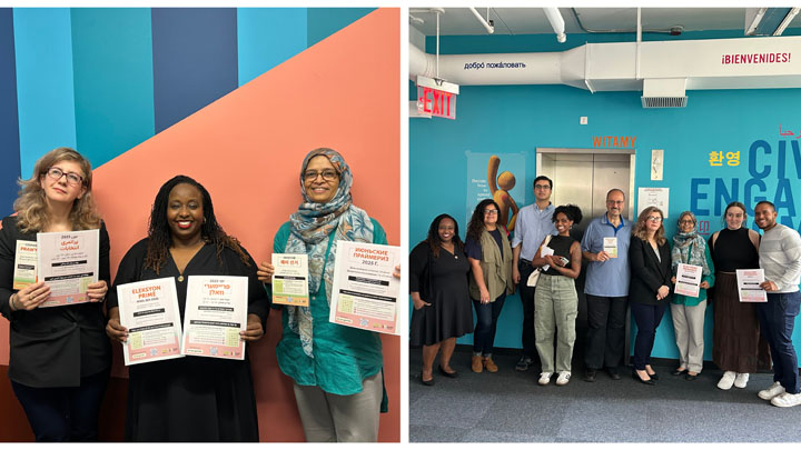 o	The left image is of three women posing and smiling holding up flyers in different languages for the June Primary Election. The right image is of a group of journalists and CEC staff posing and smiling in front of the CEC office.