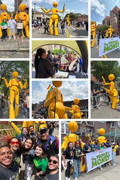 This is a collage of images from the flagship events CEC has gone to so far, including CEC staff marching in a parade with Sunny figures and holding a banner that says The People's Money