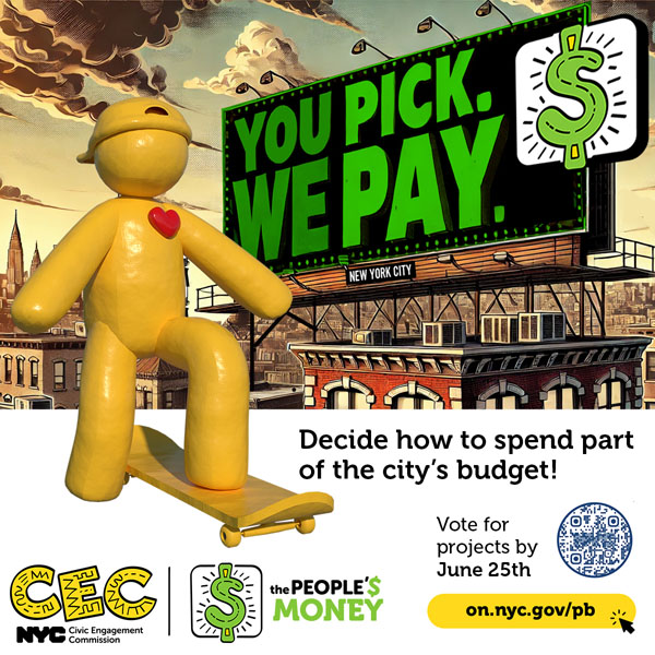 The image contains a Sunny figurine on a skateboard next to a large billboard saying You Pick We Pay, text below reads how to spend part of the city budget with information to visit the CEC website to vote online