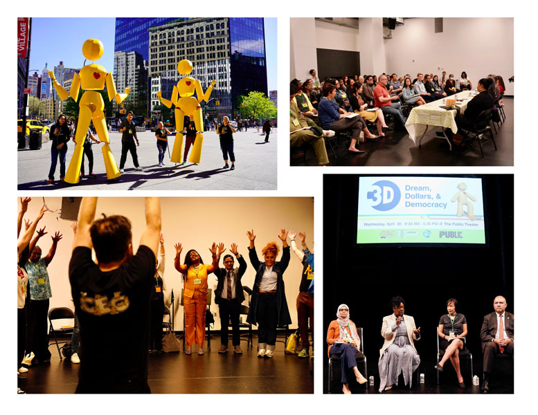This is a collage of photos from the CEC Dreams, Dollars, & Democracy Conference on April 30th. Here attendees are participating in engaging panels and CEC staff are dancing with our large Sunny puppets